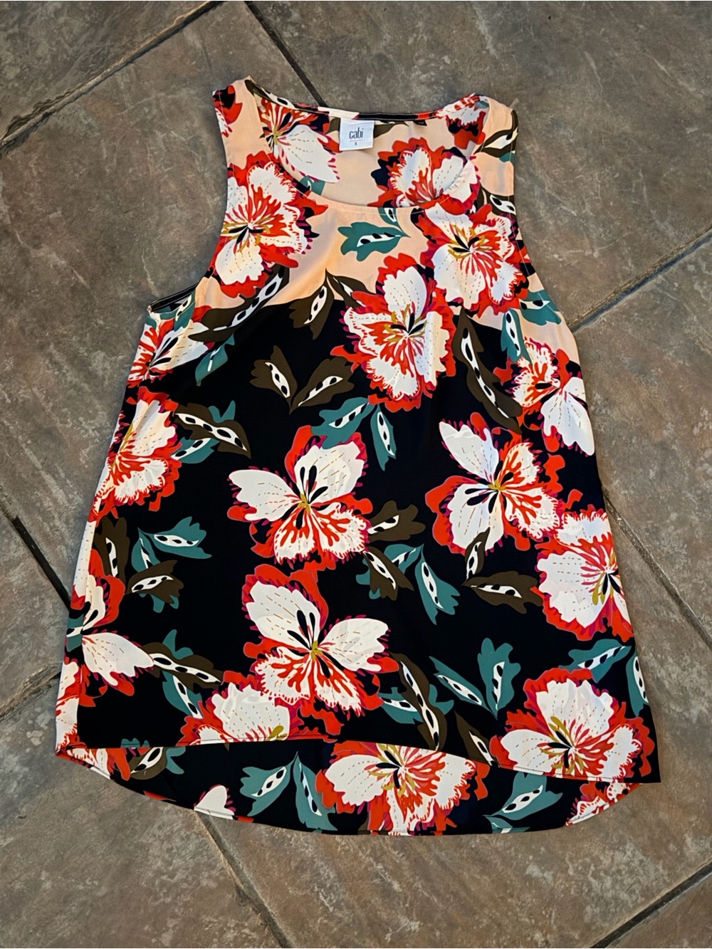 CAbi Black Floral Tank with Coral, Cream & Teal Accents